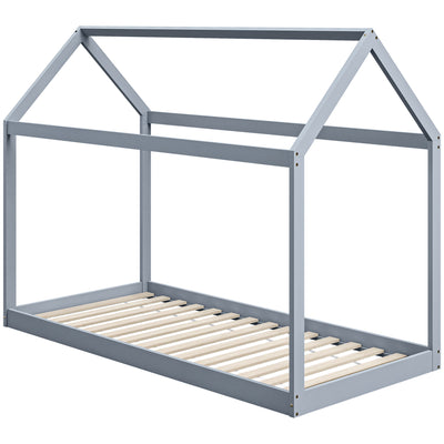 HOMCOM Single Bed Frame, House Scandinavian Style Wooden Bed Frame for 90W x 190Dcm Mattress, Pine Wood Bed Base, Grey 