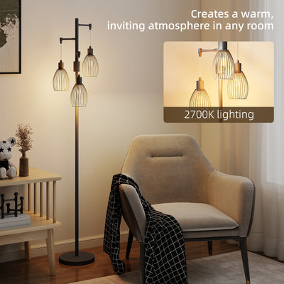 HOMCOM 3-Light LED Floor Lamp, 170cm Industrial Dimmable Standing Lamp with Steel Wire Cage Lampshades, 2700K for Living Room, Bedroom, Dining Room, Study, Black 