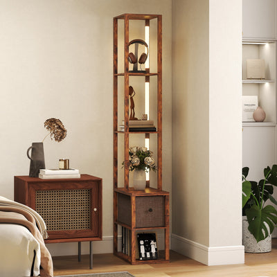 HOMCOM Floor Lamp with Shelves, LED Column Modern Standing Lamp with Fabric Drawer, Adjustable Brightness, Foot Switch for Living Room, Bedroom, Office, Rustic Brown 