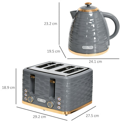 HOMCOM Kettle and Toaster Sets, 3000W 1.7L Rapid Boil Kettle & 4 Slice Toaster with 7 Browning Controls, Defrost, Reheat and Crumb Tray, Otter thermostat, Grey 