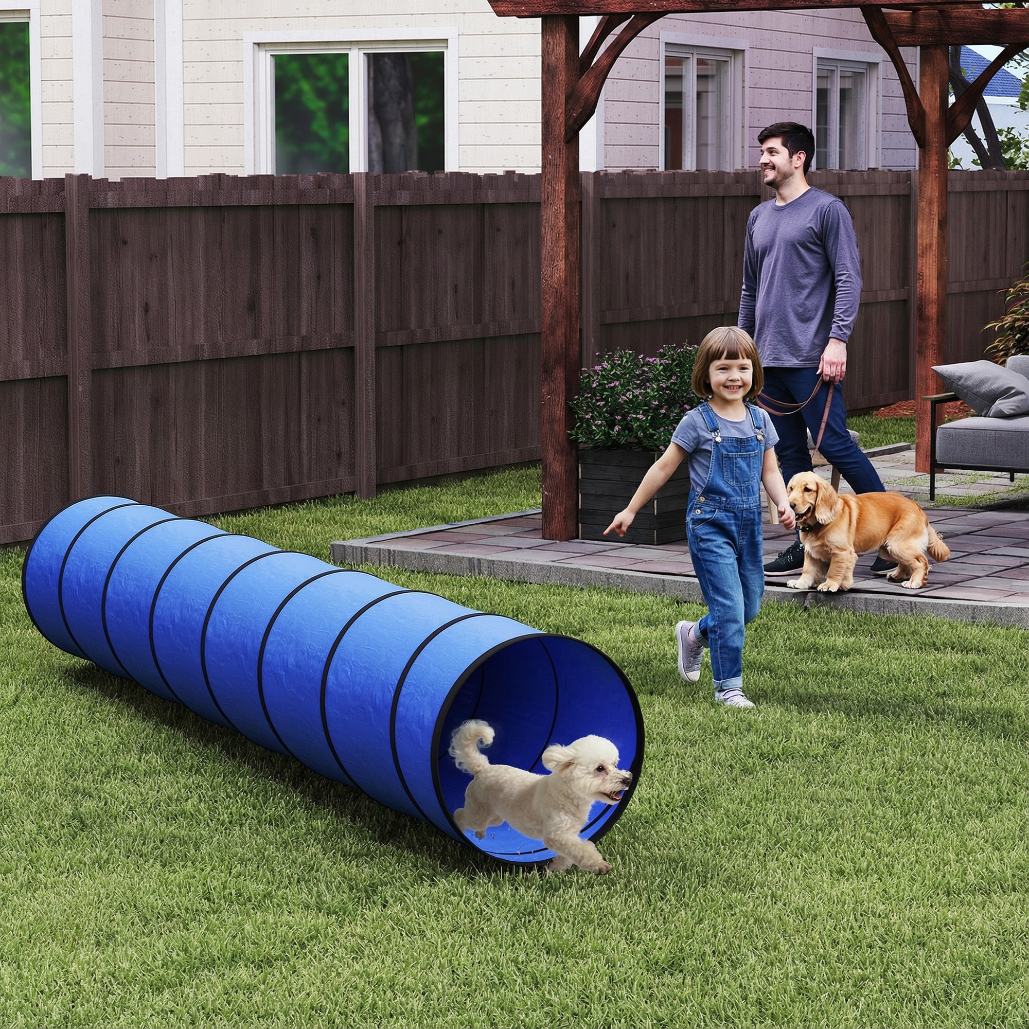 PawHut Dog Tunnel, 300 x 50 cm, Foldable Play Tunnel with 4 Pegs and Bag, Tear-Resistant Outdoor Dog Agility Equipment, Blue 