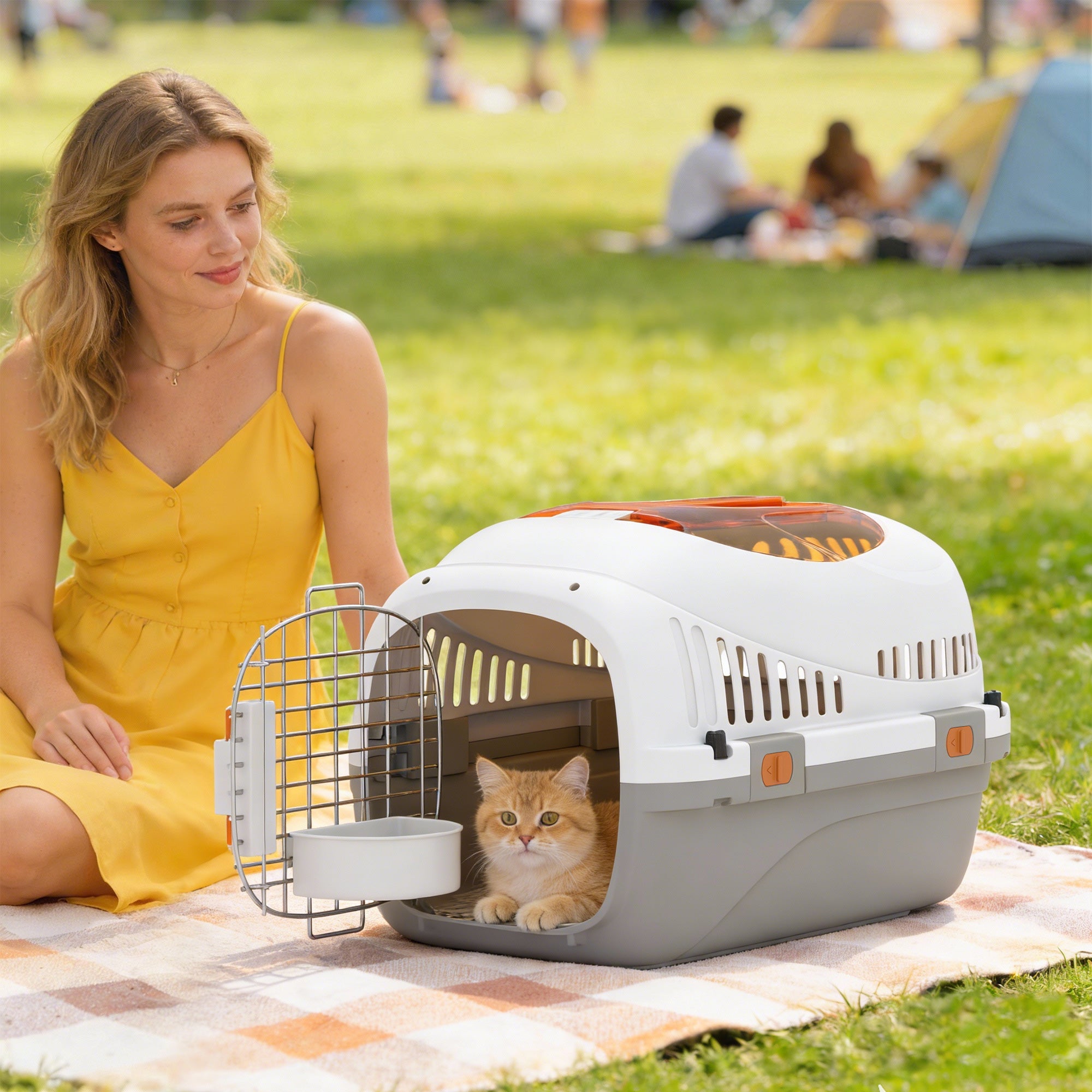 PawHut Plastic Pet Carrier Hard Shell Dog Cat Carrier Max 4 KG Steel Door Feed Bowl Secure Lock 49 x 32 x 31 cm 