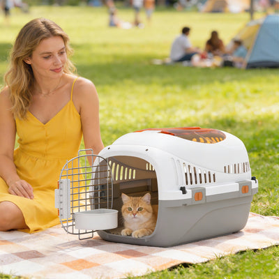 PawHut Plastic Pet Carrier Hard Shell Dog Cat Carrier Max 4 KG Steel Door Feed Bowl Secure Lock 49 x 32 x 31 cm 