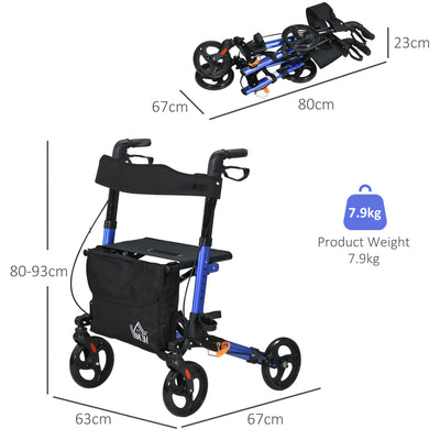 HOMCOM 4 Wheel Rollator with Seat and Back, Folding Mobility Walker with Carry Bag, Adjustable Height, Dual Brakes, Cane Holder, Lightweight Aluminium Walking Frame for Seniors and Disabled, Blue 