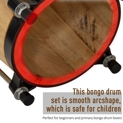 HOMCOM Wooden Bongo Drum Set Φ7.75" & Φ7" w/ Drum Head, Percussion Instrument, Drums, Tuning Wrench For Adults Beginners 