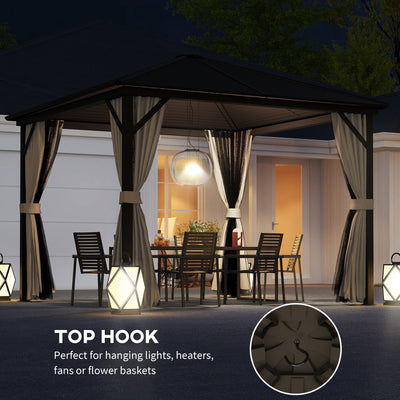 Outsunny 3 x 3(m) Metal Hardtop Gazebo, with Curtains and Accessories - Brown 