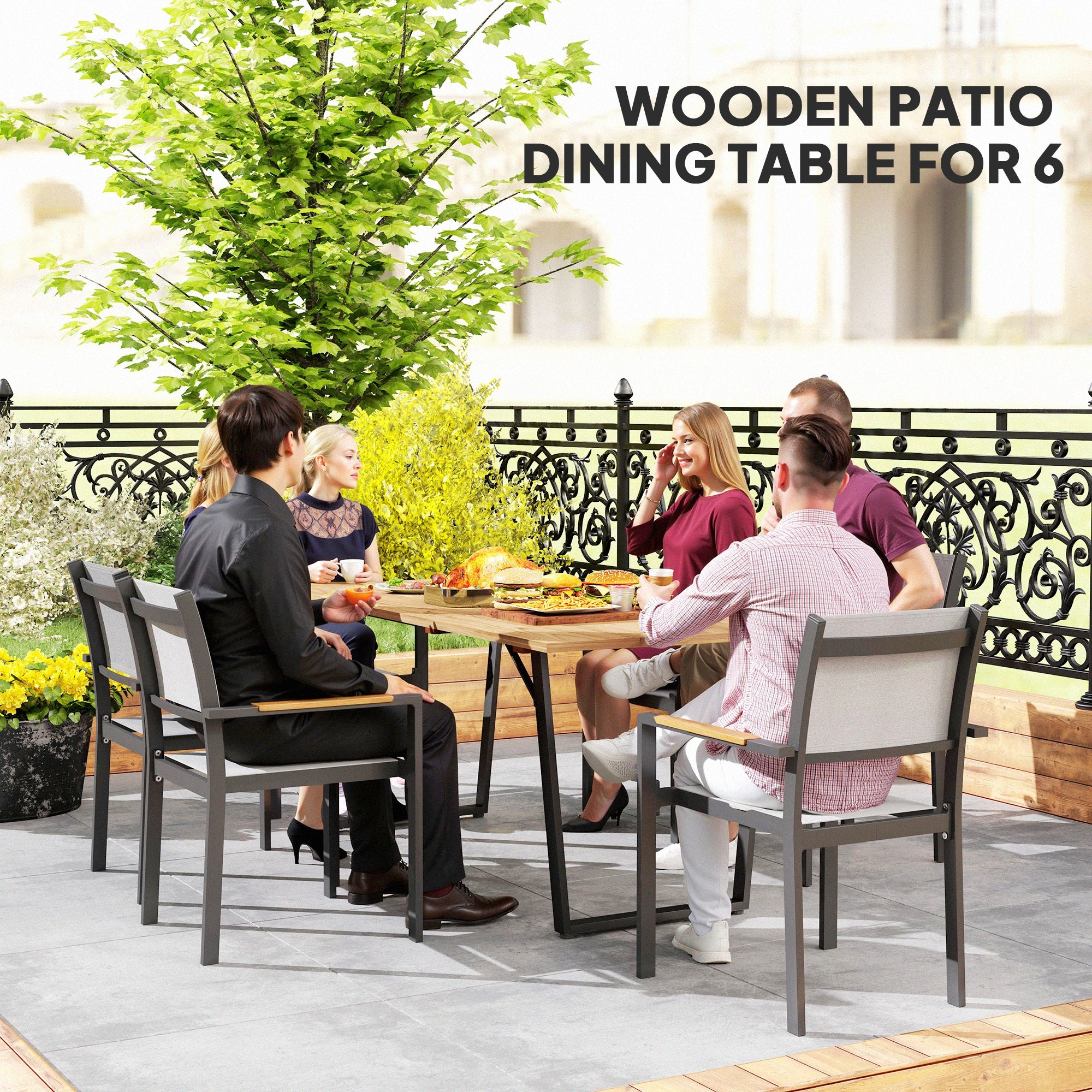 Outsunny Garden Table for 6, 175 x 80 cm Large Rectangle Outdoor Dining Table with 5cm Parasol Hole and Slatted Top, Weather Resistant Fir Wood Patio Table for Balcony, Terrace, Brown