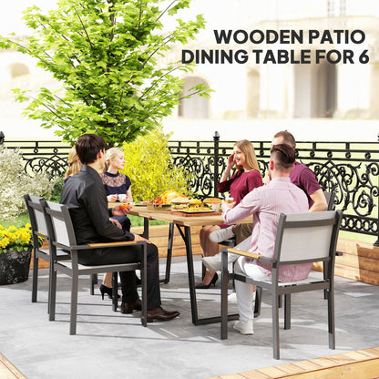 Outsunny Garden Table for 6, 175 x 80 cm Large Rectangle Outdoor Dining Table with 5cm Parasol Hole and Slatted Top, Weather Resistant Fir Wood Patio Table for Balcony, Terrace, Brown