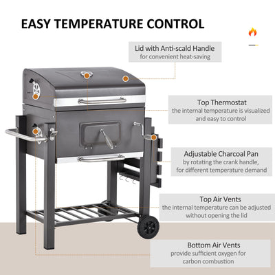Outsunny Charcoal Grill BBQ Trolley with Adjustable Charcoal Grate, Garden Metal Smoker Barbecue with Shelf, Side Table, Wheels, Built-in Thermometer, Bottle Opener 