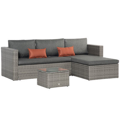 Outsunny 3 Pieces Outdoor PE Rattan Sofa Set, Patio Wicker Conversation Chaise Lounge Furniture w/ Tempered Glass Table-top & Soft Padded Cushion for Garden, Backyard, Lawn, Grey 