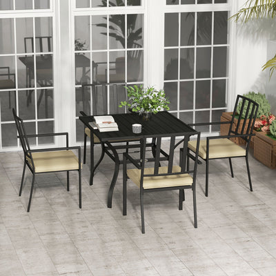 Outsunny 5 Pieces Garden Dining Set with Cushions, Outdoor Patio Table and 4 Stackable Chairs, Metal Top Table with Umbrella Hole, Black 