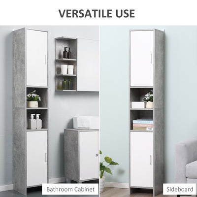 kleankin Free-standing Tall Bathroom Storage Cabinet w/ 2 Cupboards 2 Open Compartments, Slim Bathroom Organizer Adjustable Shelves Elevated Base for Living Room, Grey 