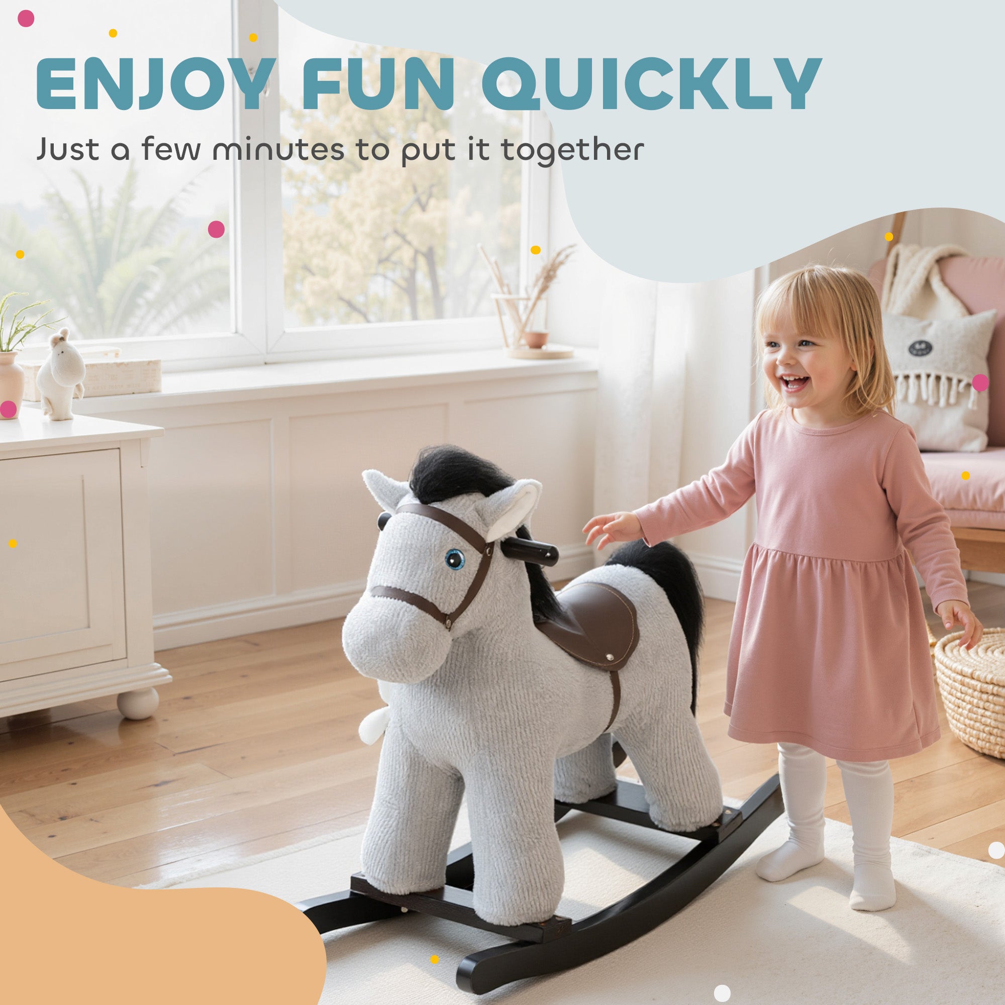 AIYAPLAY Baby Rocking Horse, Plush Ride on Toy with Handle Grip, Sound and Doll, Toddler Animal Rocker for Kids Aged 2-5, Grey 