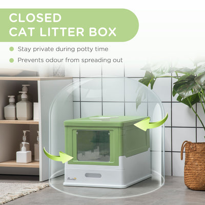 PawHut Hooded Cat Litter Box, Portable Pet Toilet, with Scoop, Front Entry - Light Green 