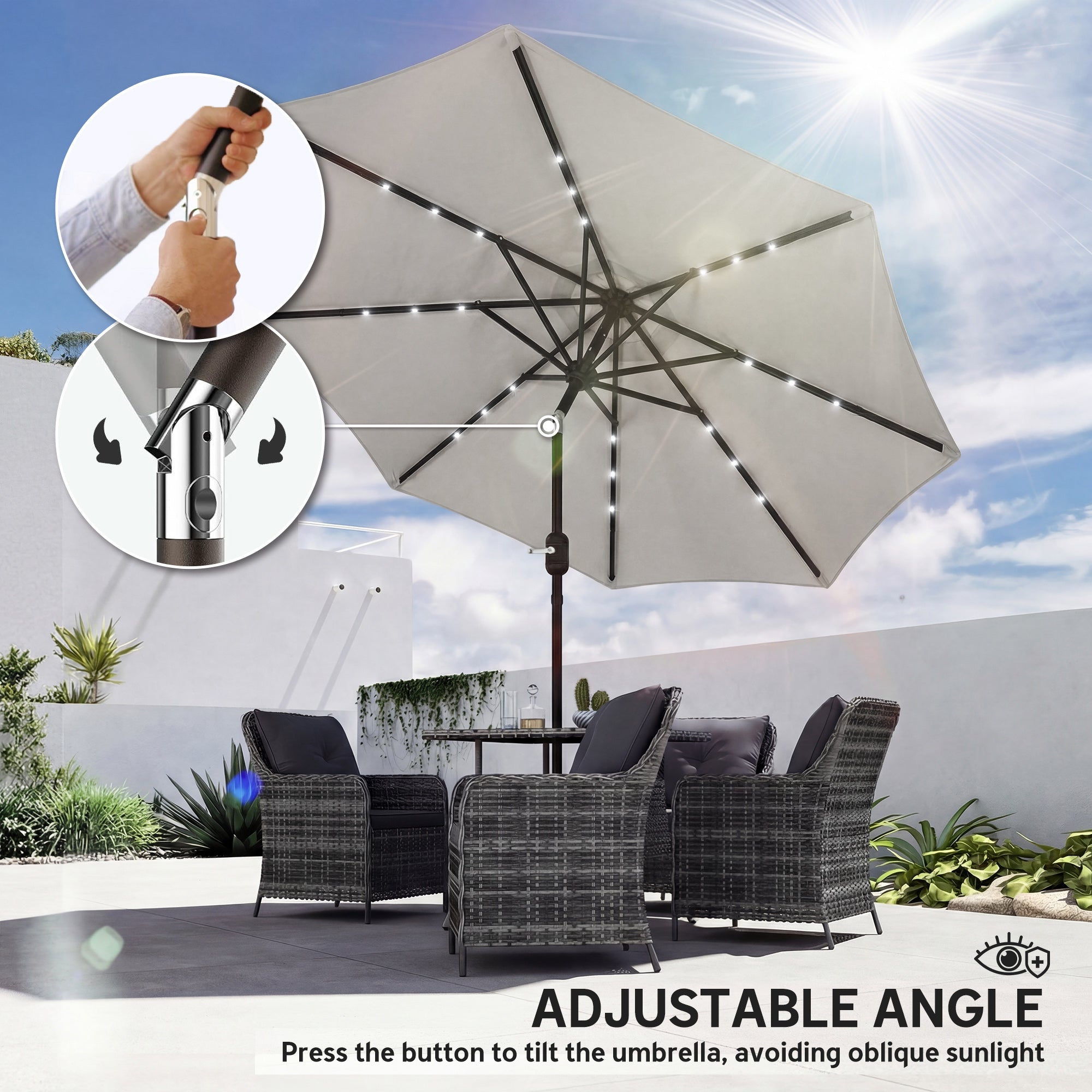 Outsunny 2.6 m Garden Parasol Umbrella with LED Solar Light, Parasol Cover, Outdoor Market Patio Umbrella, Light Grey 