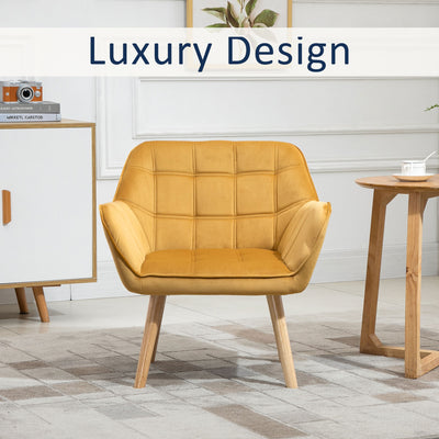 HOMCOM Modern Armchair, Accent Chair with Wide Arms, Slanted Back and Rubber Wood Legs for Living Room, Bedroom, Home Office Yellow 