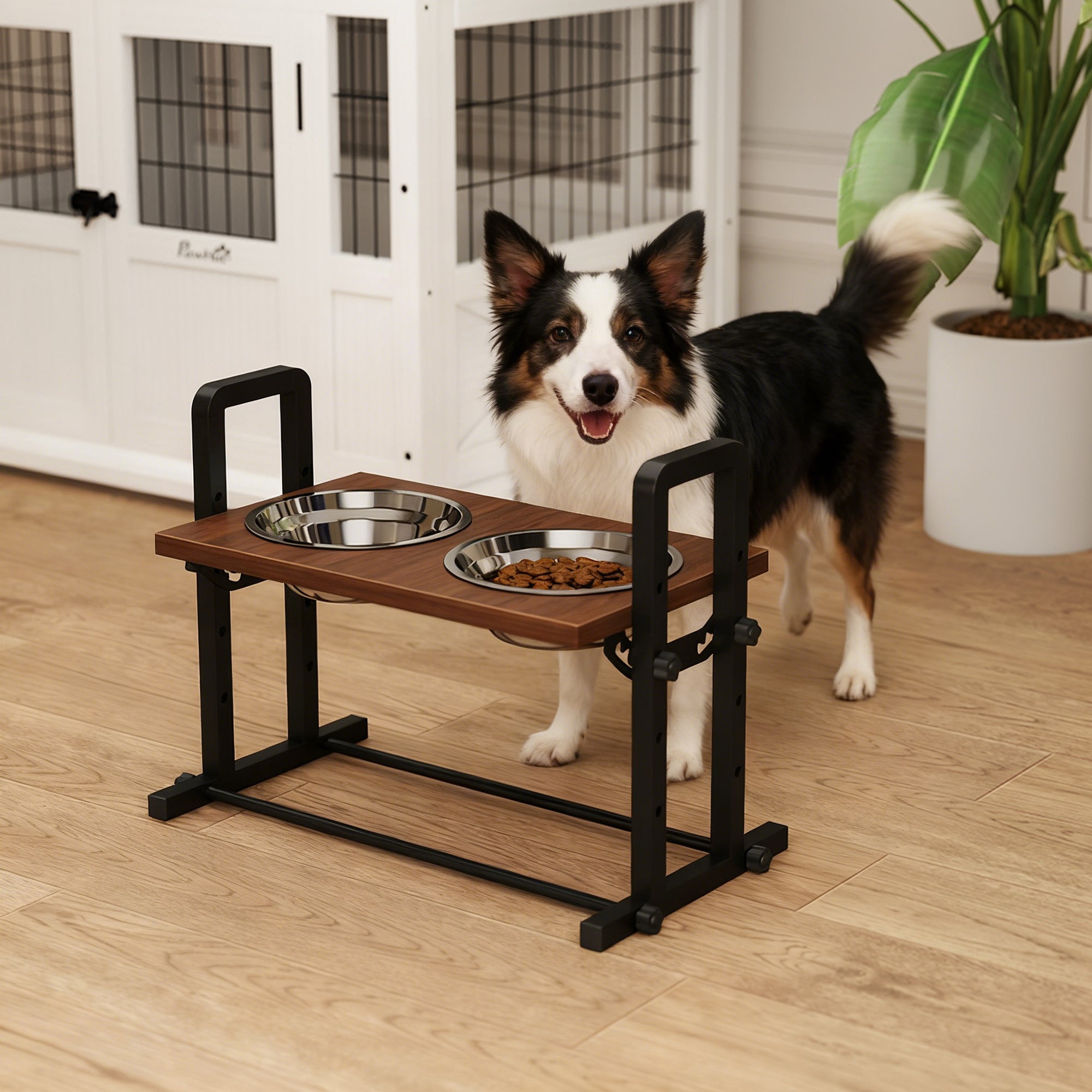 PawHut Raised Dog Bowls with Stand, 4 Heights Adjustable Pet Feeder with 3 Adjustable Angles for Small, Medium & Large Breeds, Brown 
