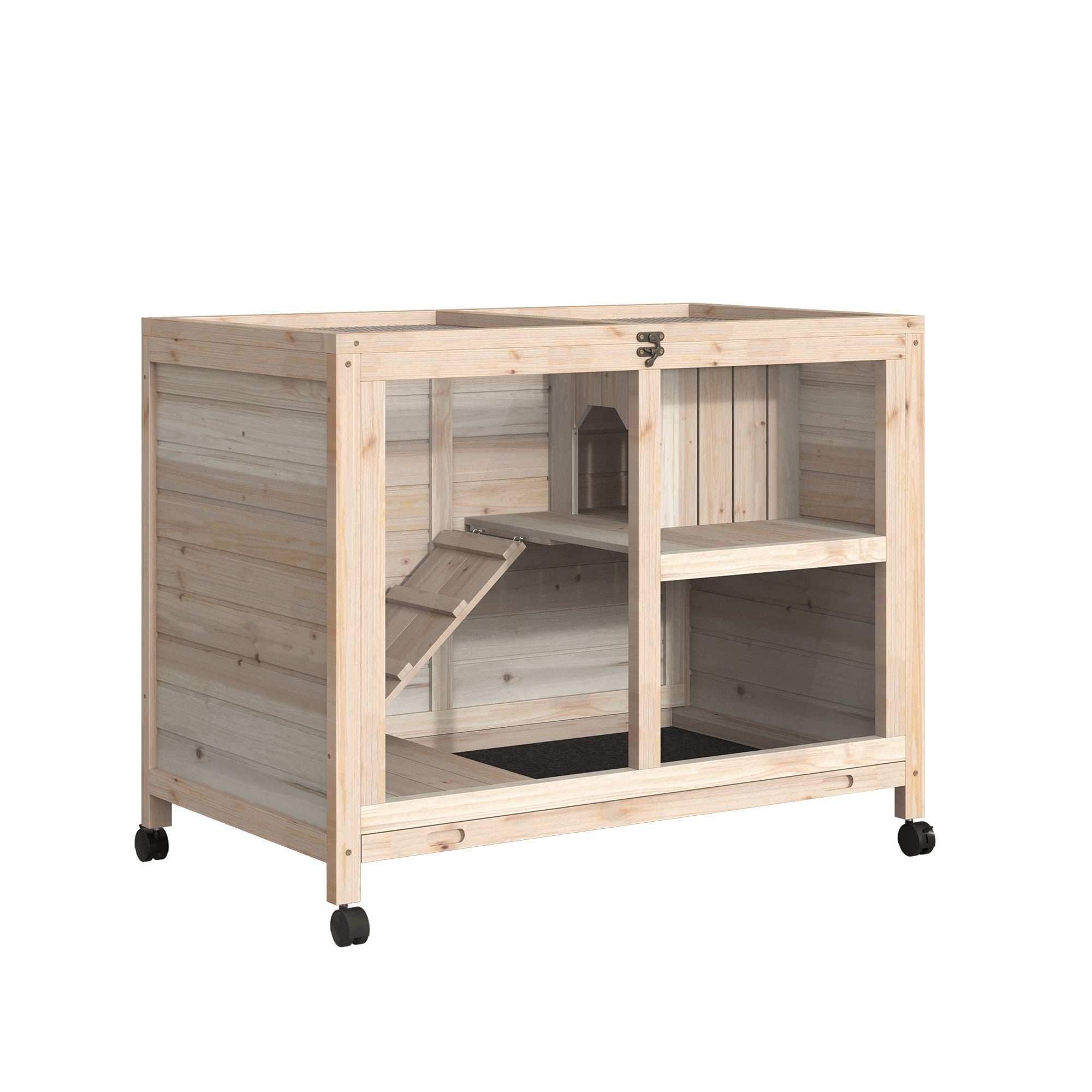 PawHut Rabbit Hutch Indoor Wooden Guinea Pig House Hamster Cage with Wheels, 2 Layers Bunny Cage with Openable Roof, 91.5 x 53.3 x 73 cm, Natural 