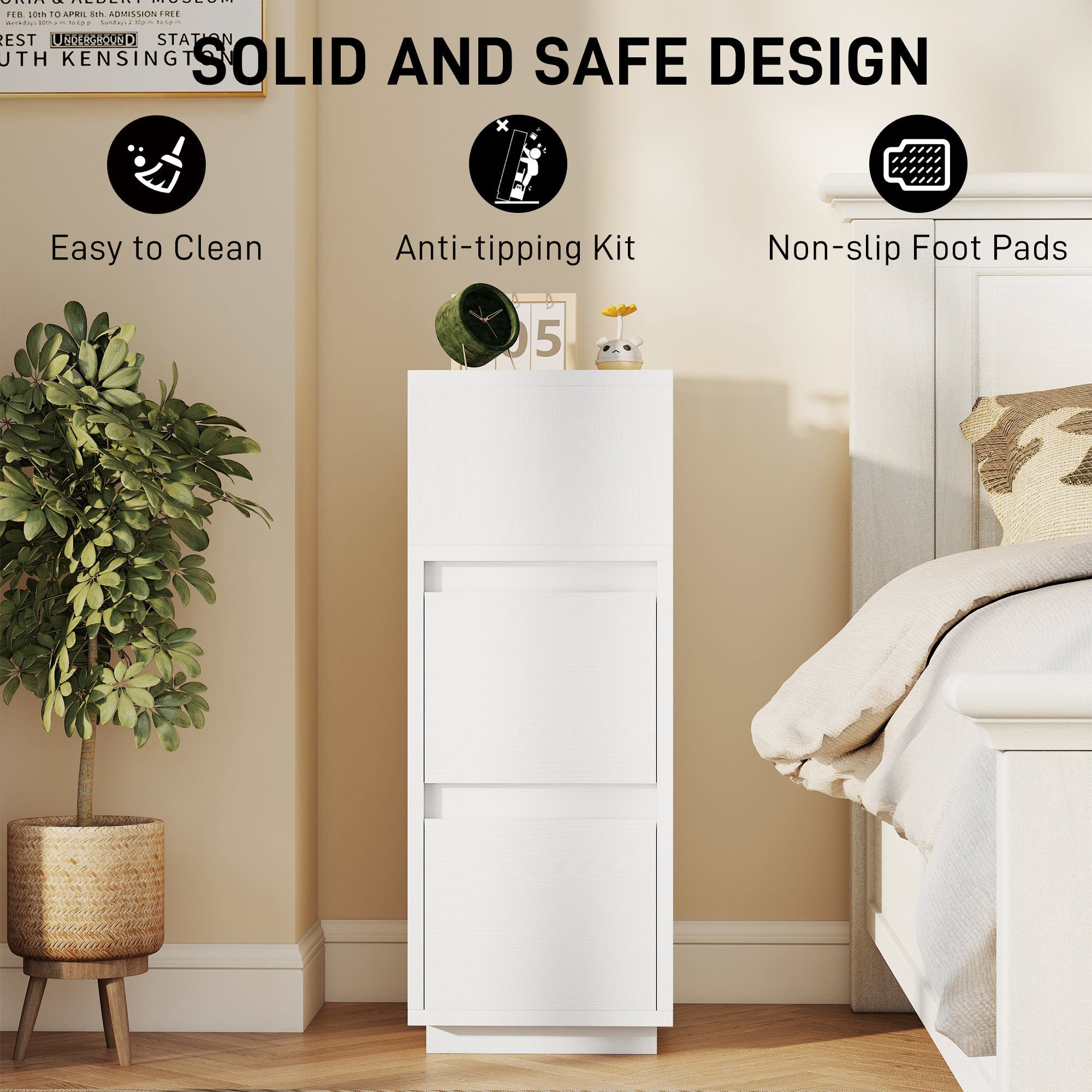 HOMCOM Slim Bedside Table, Narrow Bedside Cabinet with Open Shelf and 2 Drawers for Bedroom, Living Room, White 