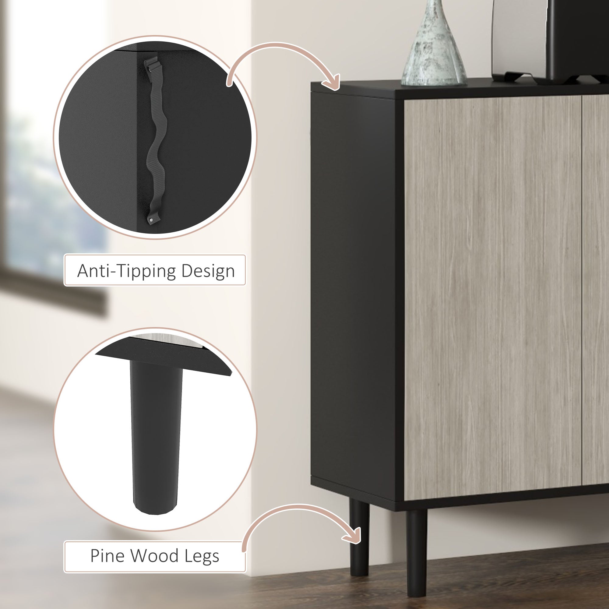 HOMCOM Kitchen Sideboard Storage Cabinet for Living Room with Adjustable Shelves 4 Doors and Pine Wood Legs Black 