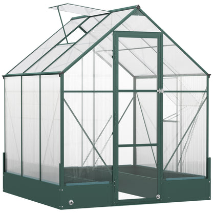 Outsunny 6x6 FT Polycarbonate Greenhouse with Base and Raised Bed, Walk-in Greenhouse with Aluminium Frame, Temperature Controlled Window, Foundation for Plants, Flowers, Vegetable 