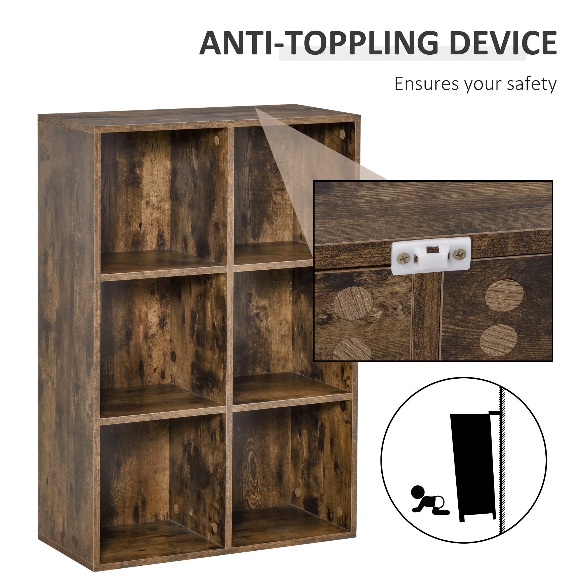 HOMCOM Six-Cube Bookcase - Rustic Brown Wood Effect 
