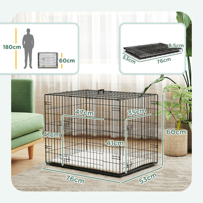 PawHut Foldable Dog Crate with 2 Doors with Tray, Soft Cushion, for Small Dogs, 76 x 53 x 60, Black 
