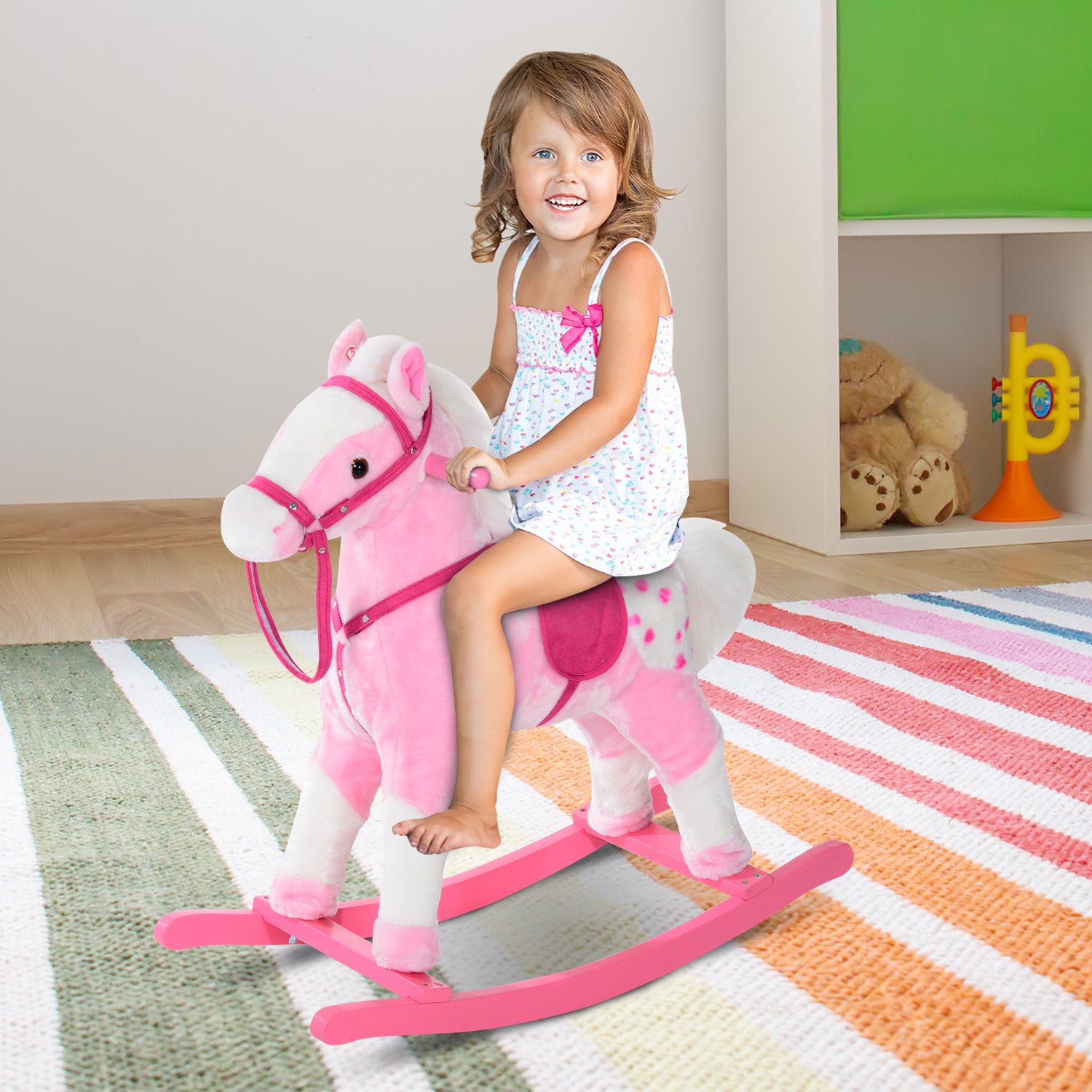 HOMCOM Baby Rocking Horse Plush Ride on Animals Rocker with Sound Handle Grip for Kids 3-6 Years - Pink 
