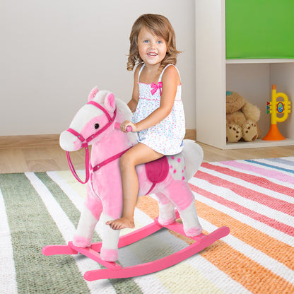 HOMCOM Baby Rocking Horse Plush Ride on Animals Rocker with Sound Handle Grip for Kids 3-6 Years - Pink 