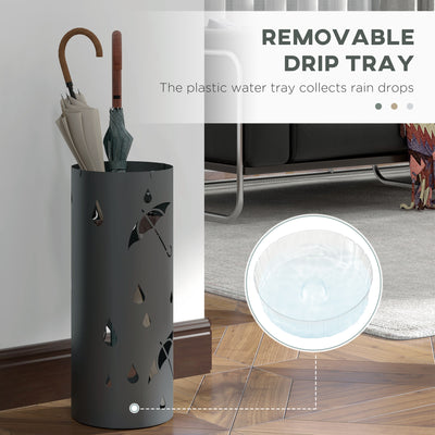 HOMCOM Freestanding Umbrella Stand for Hallway, Round Umbrella Basket with 4 Hooks and Drip Tray for Entryway, Dark Grey 
