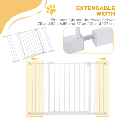 PawHut Dog Gate Pet Safety Gate Stair Barrier Pressure Fit Adjustable 76-82/86-97/101-107 cm, White 