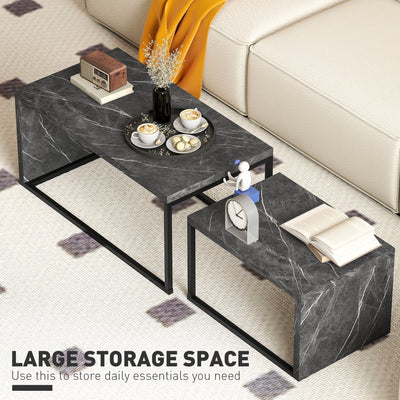 HOMCOM Coffee Tables Set of 2, Industrial Nest of Tables with Metal Frame for Living Room Bedroom, Dark Grey Marble Effect 