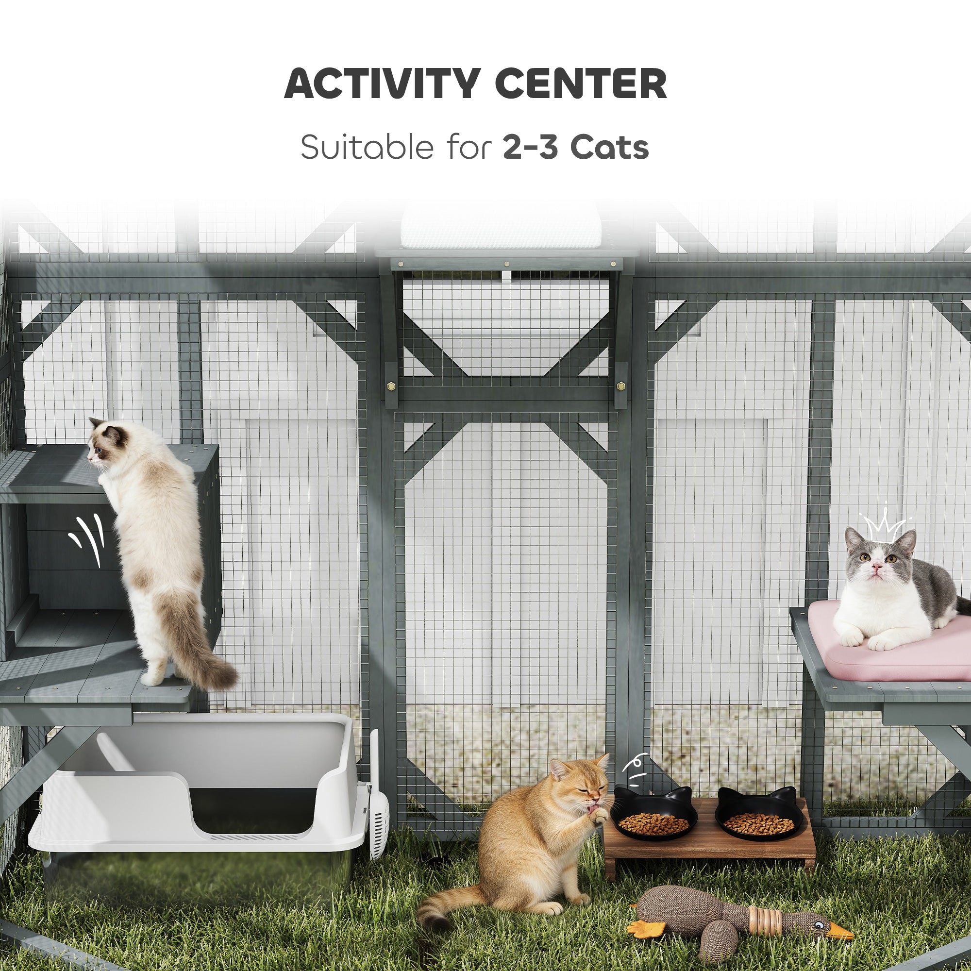 PawHut Catio Outdoor Cat Enclosure,  Wooden Cat House with Platforms, Condo and Waterproof Cover for 2–3 Kittens, Grey 