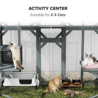 PawHut Catio Outdoor Cat Enclosure,  Wooden Cat House with Platforms, Condo and Waterproof Cover for 2–3 Kittens, Grey 