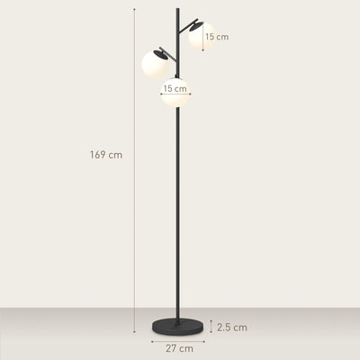 HOMCOM 3-Light Tree Floor Lamps for Living Room, Modern Standing Lamp for Bedroom with Globe Lampshade, Steel Base, Bulb not Included, Black 
