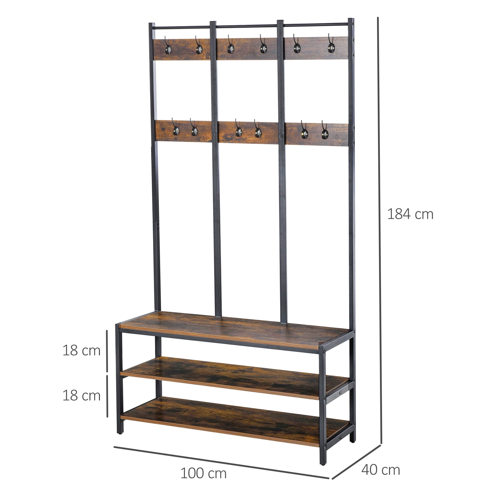 HOMCOM Coat Rack Stand, Free Standing Hall Tree, Coat Stand with Hooks, Bench and Shoe Rack, 100cm x 40cm x 184cm, Industrial Style, Rustic Brown and Black 