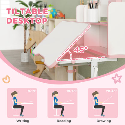 AIYAPLAY Height Adjustable Kids Desk and Chair Set, Children School Study Desk with Tiltable Desktop, Reading Rack,  Pink 