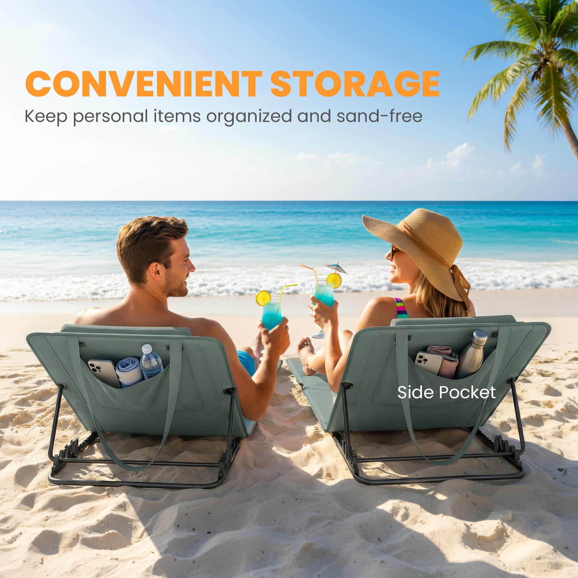 Outsunny Foldable Sun Loungers Set of 2, Portable Folding Beach Lounger with 4-level Adjustable Backrest, Grey 