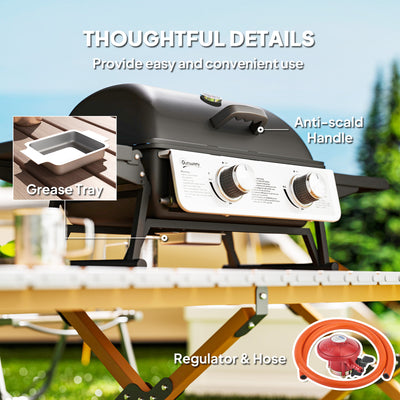 Outsunny 2 Burner Gas BBQ Grill with Foldable Side Tables, Portable Tabletop Gas Barbecue Grill with Built-in Thermometer, Lid, Grease Tray for Garden Party Camping Picnic Outdoor Cooking 5.6KW, Black 