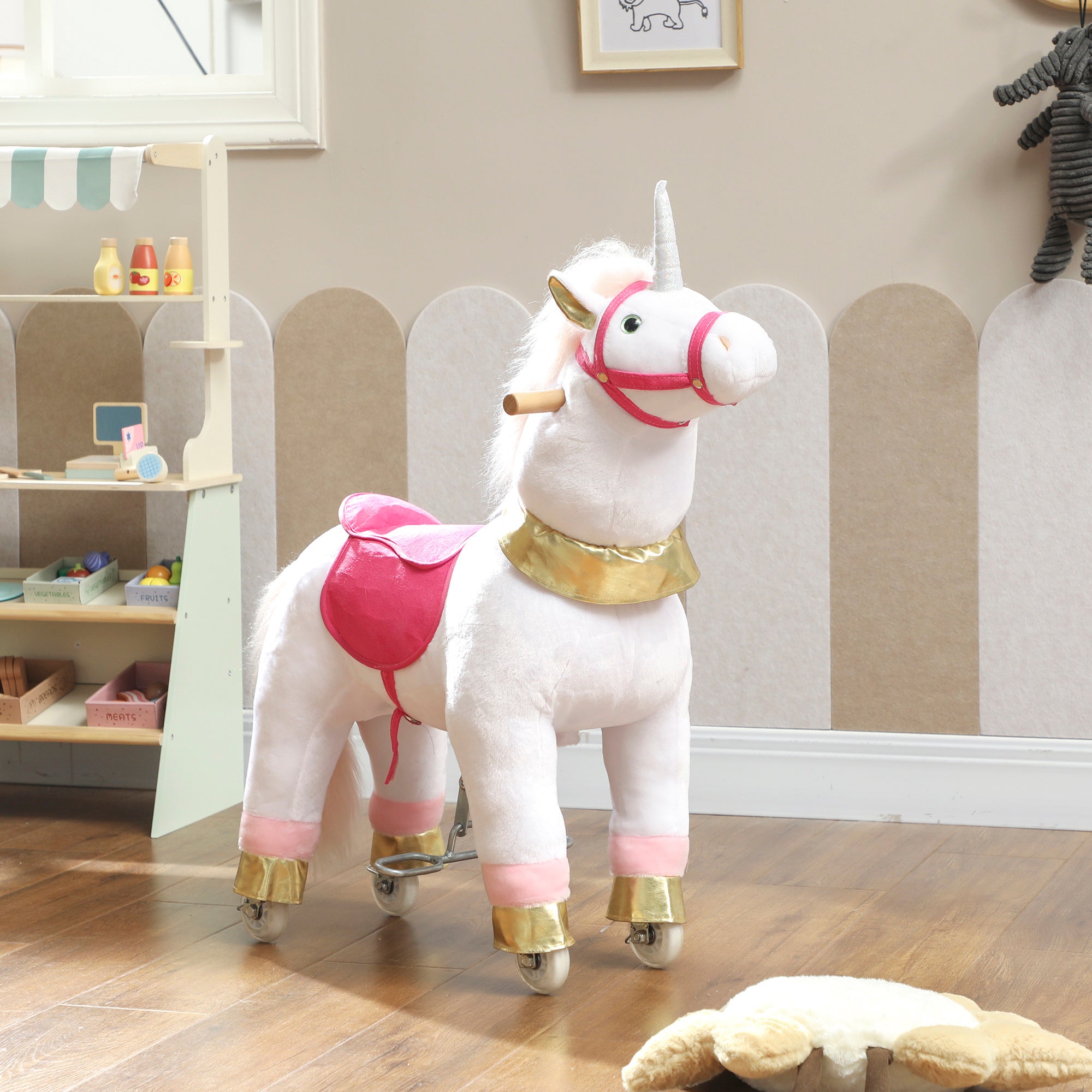 AIYAPLAY Kids Rocking Horse, Plush Walking Horse with Wheels, Ride On Unicorn Toy for Ages 3-5 Years Old, White 