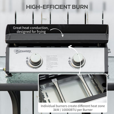 Outsunny Gas Plancha Grill with 2 Stainless Steel Burner, 6kW, Portable Tabletop Gas BBQ with Non-Stick Griddle for Camping Picnic Garden Party Festival 