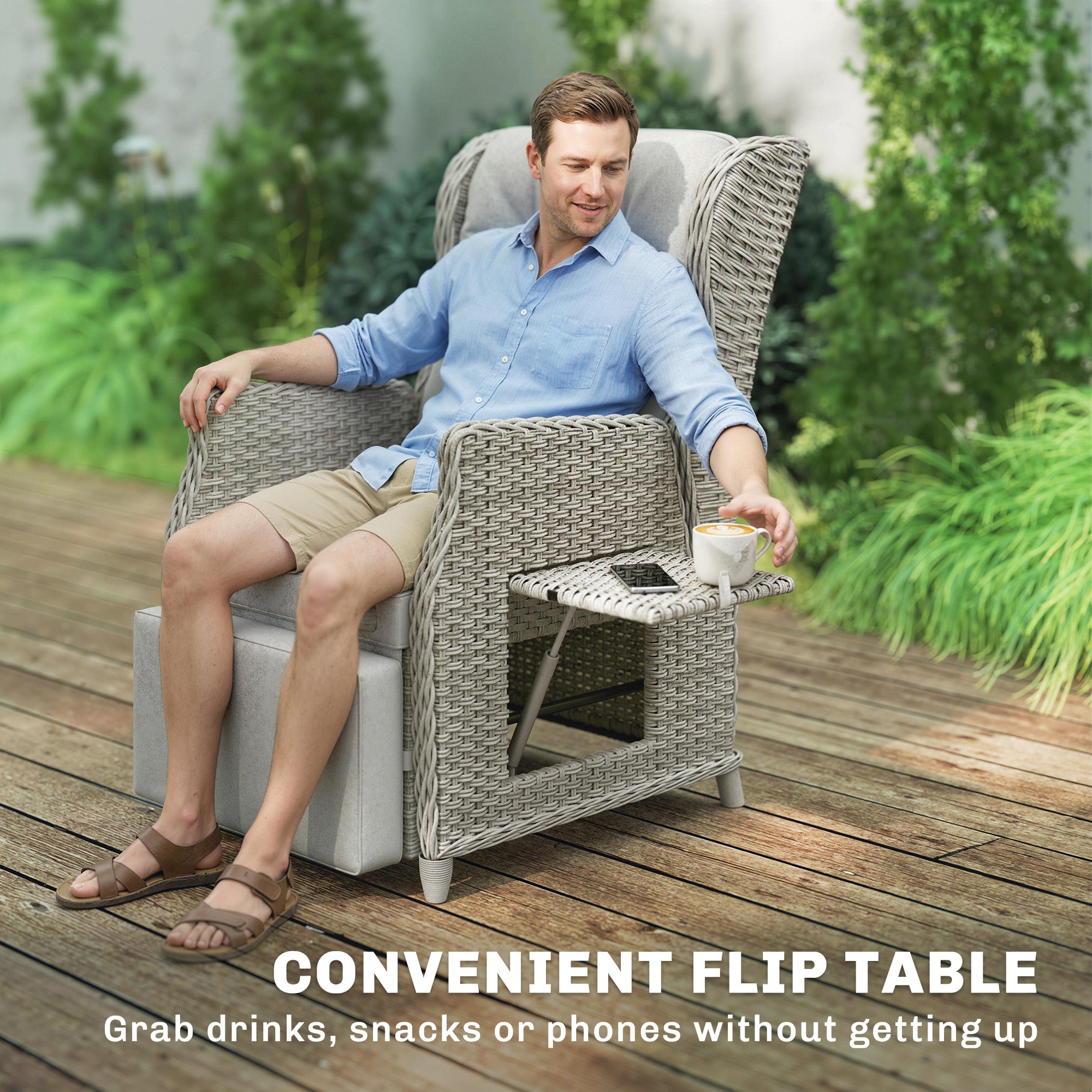 Outsunny Rattan Garden Recliner Chair, Reclining Garden Chair with Adjustable Back and Footrest, Flip Table, Cushion, Light Grey 