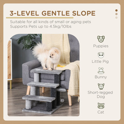 PawHut 3-step Pet Stairs with Scratching Posts, Platforms, Toy Ball, Grey 