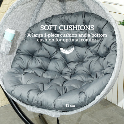 Outsunny Hanging Egg Chair Outdoor Indoor Garden Swing Chair with Folding Basket, Garden Hanging Chair with Stand, Thickened Cushion, Cup Holder for Patio, Balcony, Grey 