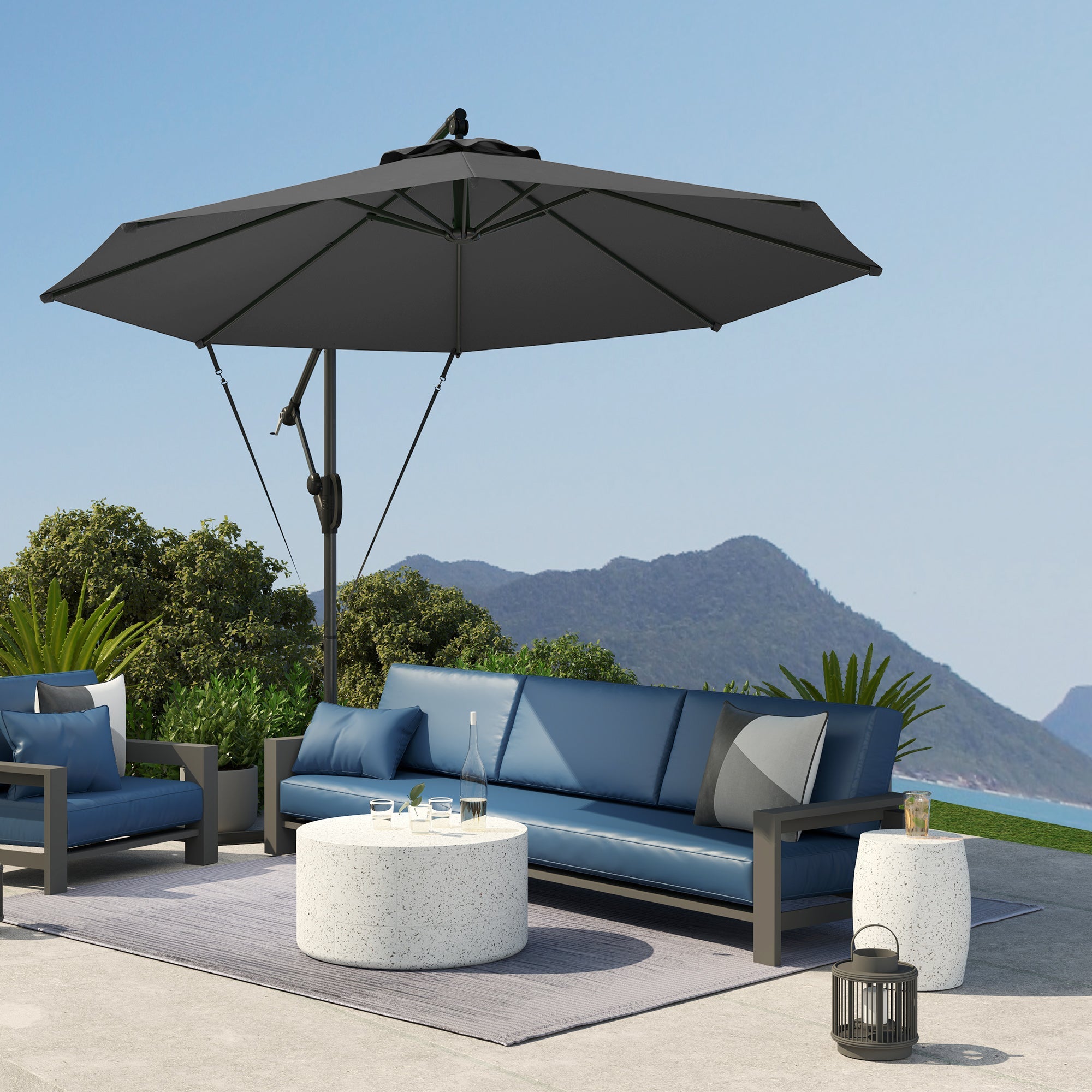 Outsunny 3(m) Garden Cantilever Parasol with Cover and Wind Protection Strap, Round Overhanging Umbrella with Crank Handle and Tilt, Banana Patio Umbrella for Outdoor Sun Shade, UPF50+, Grey 