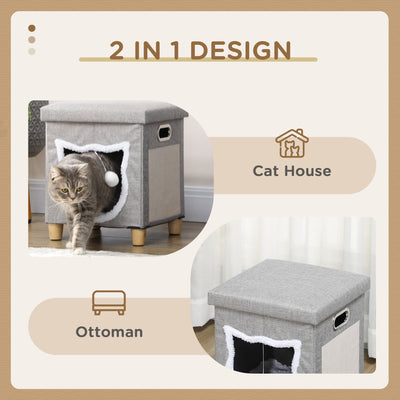 PawHut 2 in 1 Cat Bed Ottoman, Comfortable Cat Sleeping Cave House w/ Removable Cushion, Scratching Pad, Handles, Anti-Slip Foot Pad, Toy Ball, Entrance - Grey 