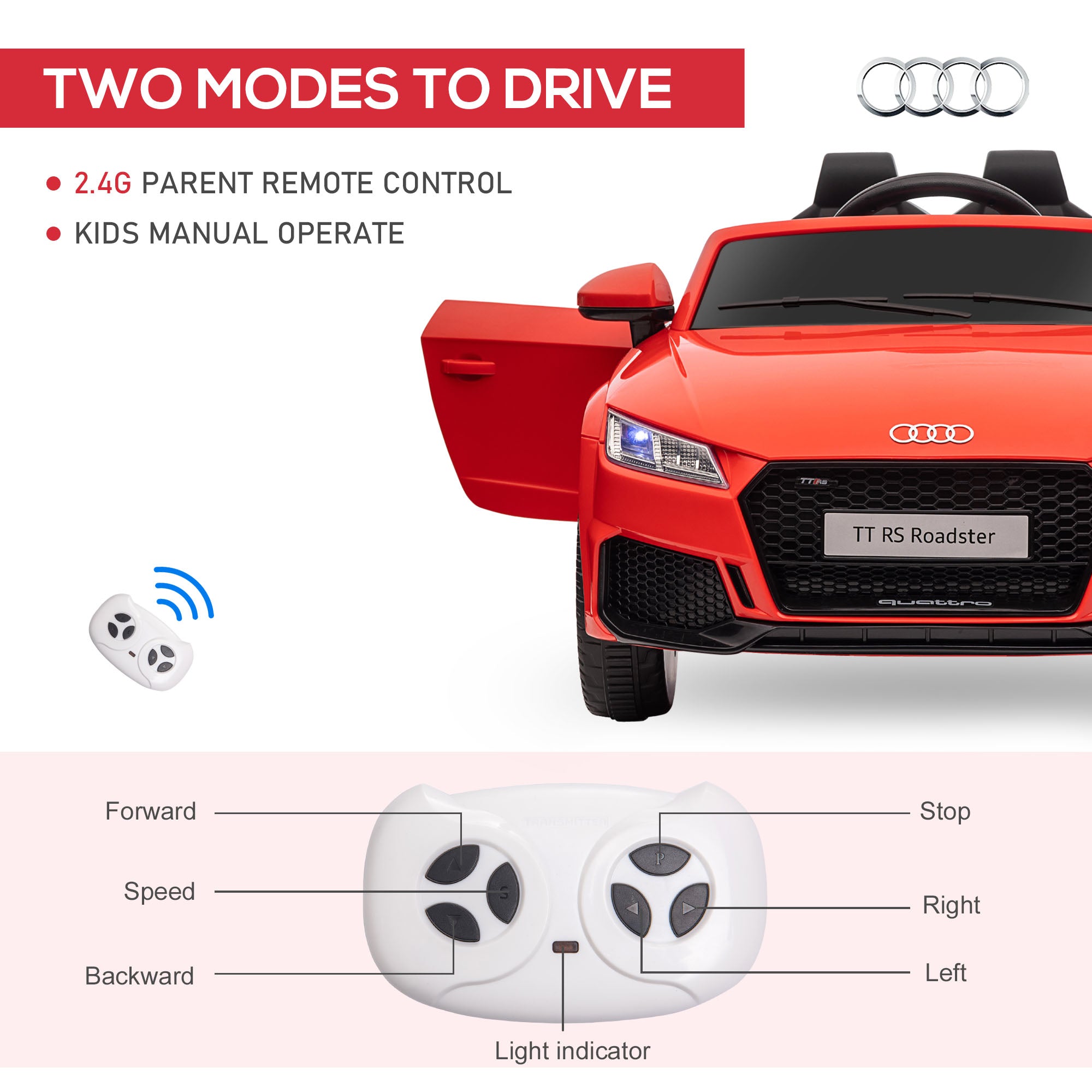 HOMCOM Kids Licensed Audi TT Ride-On Car 12V Battery w/ Remote Suspension Headlights and MP3 Player 3km/h Red 