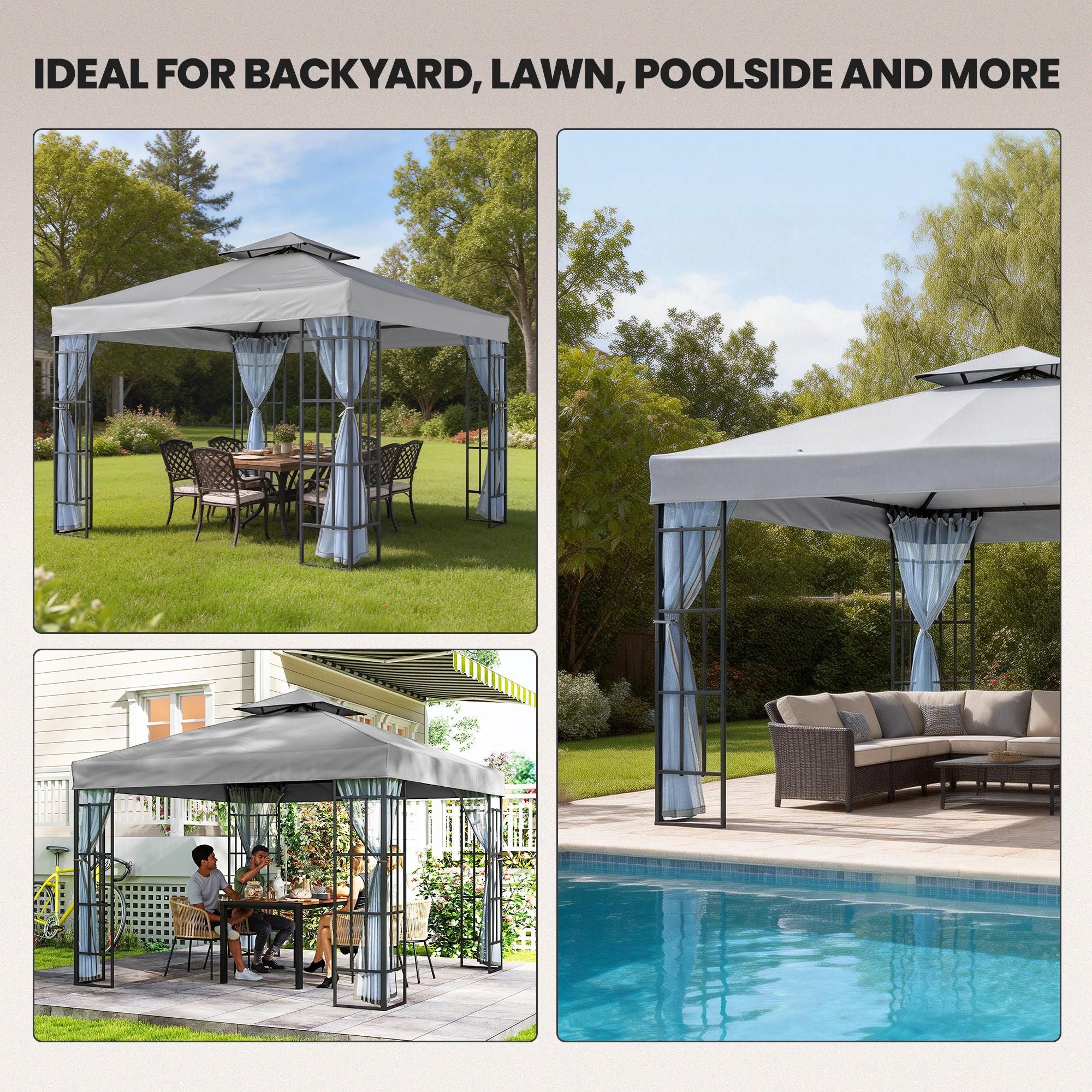 Outsunny 3 x 3(m) Patio Gazebo Canopy Garden Pavilion Tent Shelter with 2 Tier Roof and Mosquito Netting, Light Grey 
