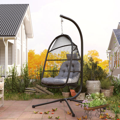 Outsunny Rattan Hanging Egg Chair with Stand, Foldable Wicker Swing Egg Chair with Cushion, Head Pillow, Steel Frame, Hammock Chair for Indoor Outdoor, Capacity 150 kg, Dark Grey 