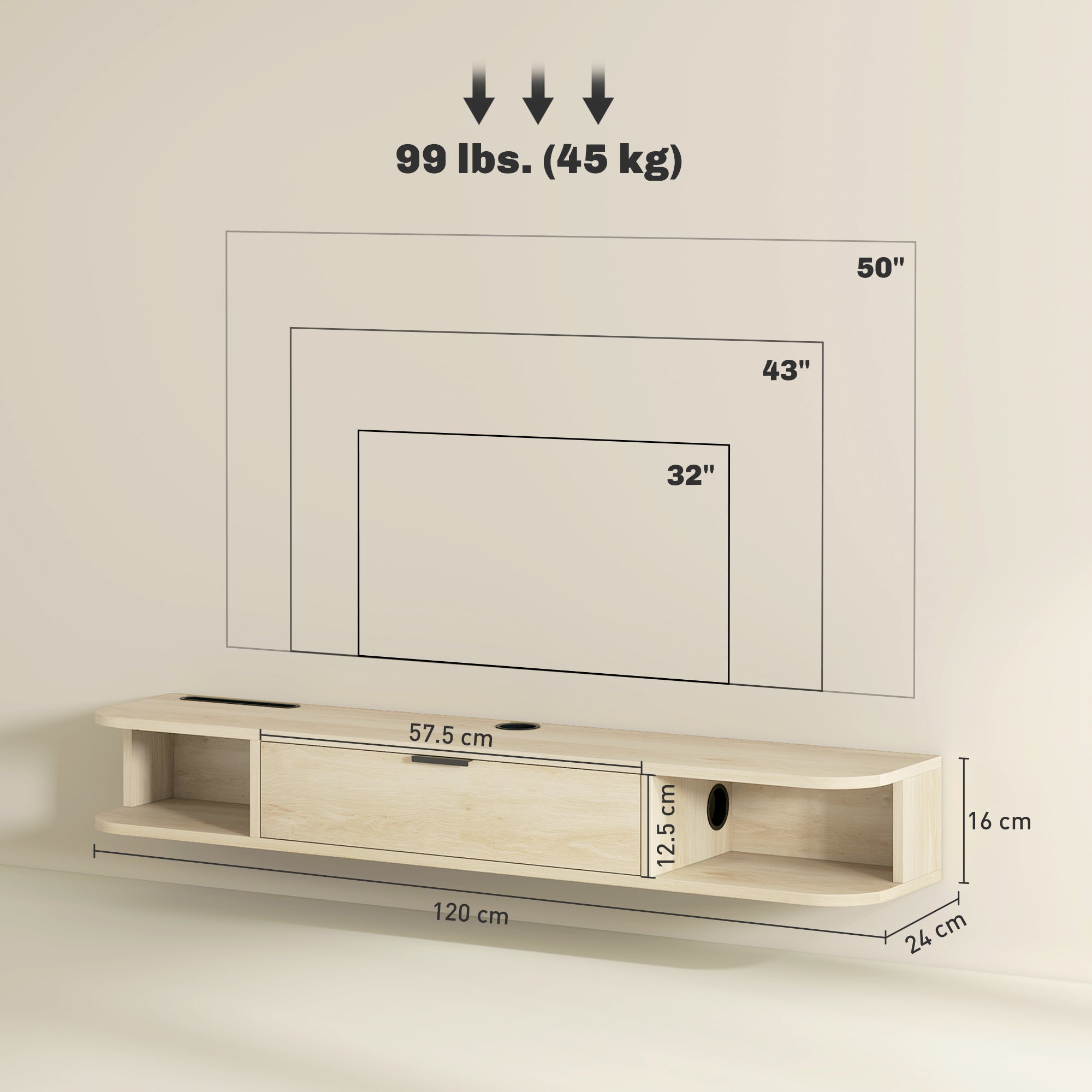 HOMCOM 120 cm Floating TV Unit for TVs up to 50 Inch - Natural 